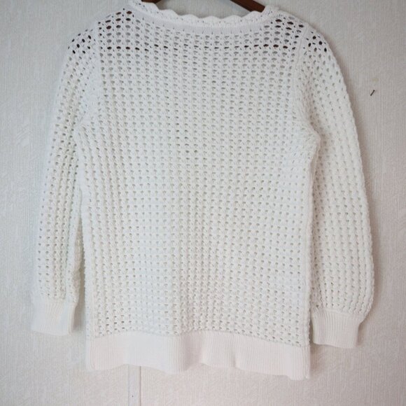 LOFT Cotton Open Knit Sweater Size Medium in White with Scalloped Neck - Picture 5 of 9